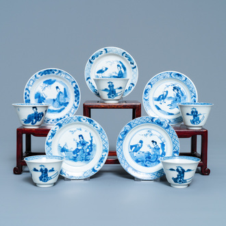 Five Chinese blue and white cups and saucers, Chenghua mark, Kangxi