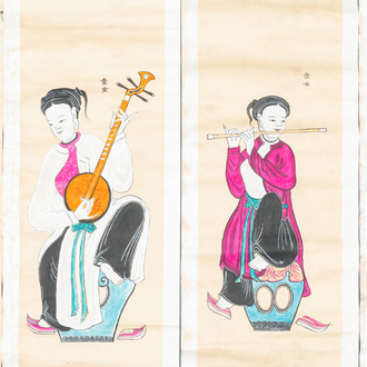 D. Khiêm (Vietnam?), druk opgehoogd met inkt en kleur: 'Vier muzikantes'