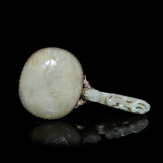 A large Chinese jade and silver hand mirror, Qing