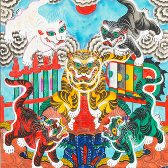 Ecole vietnamienne, encre et couleurs sur papier, 19/20ème: 'Une paire d'oeuvres à cinq tigres'