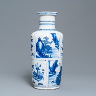 Een Chinese blauw-witte rouleau vaas met landschappen en antiquiteiten, Kangxi