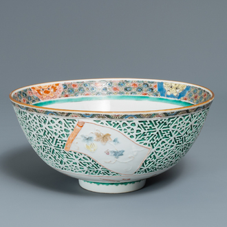 A Chinese famille verte relief-decorated bowl, Yongzheng