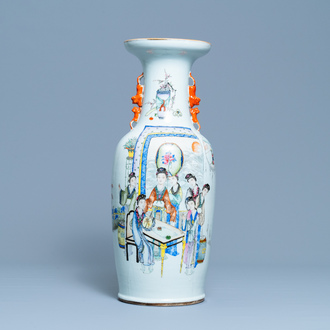 A Chinese qianjiang cai vase with women around a table, signed Yan Bing Jun, dated 1913