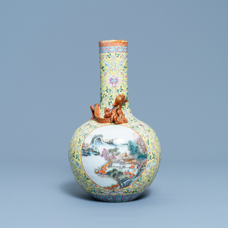 A Chinese famille rose bottle vase with landscape medallions, Qianlong mark, Republic