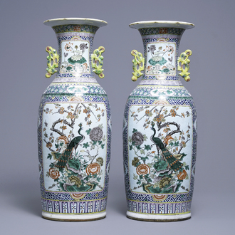 A pair of Chinese famille rose vases with birds among flowers, 19th C.