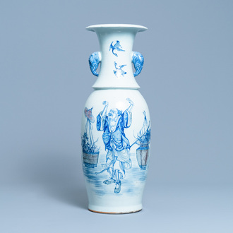 A Chinese blue, white and copper red vase with elephant handles, 19th C.