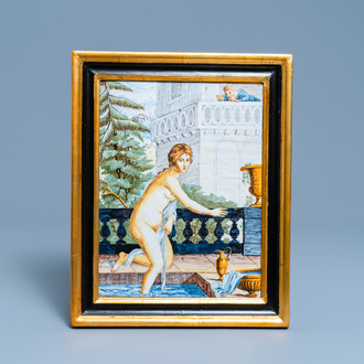 An Italian maiolica 'Susanna and the Elders' plaque, Castelli, 18th C.