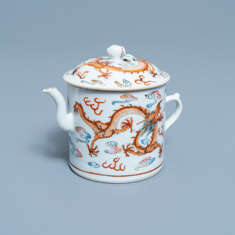 A Chinese famille rose dragon teapot and cover, 19th C.