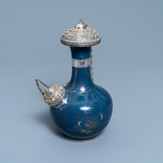 A Chinese silver-gilt mounted monochrome blue and gilt kendi, Kangxi