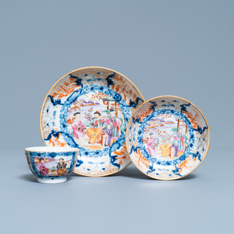 A Chinese famille rose 'Mandarin' cup and saucer with matching plate, Qianlong