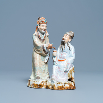 A Chinese polychrome porcelain 'tea drinkers' group, seal mark, Republic