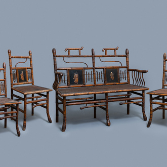 Trois chaises et un fauteuil en bambou de style japonisant, attribué à Daï Nippon, Paris, fin du 19ème