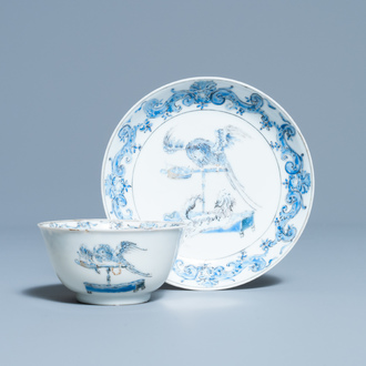 Een Chinese blauw-witte kop en schotel met decor naar Cornelis Pronk, Yongzheng/Qianlong