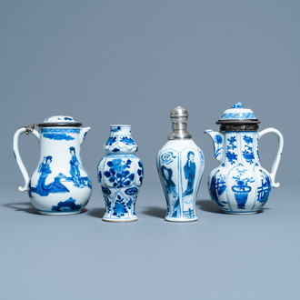 Two Chinese blue and white ewers and covers and two small vases, Kangxi