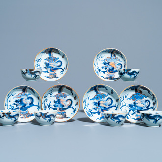 Six Chinese doucai 'dragon' cups and saucers, Kangxi