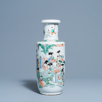 A Chinese famille verte rouleau vase, 19th C.