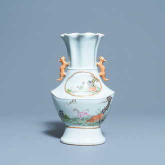 A Chinese famille rose vase with animals in a landscape, 19/20th C.