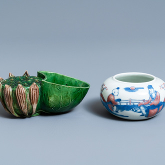 A Chinese verte biscuit 'lotus' water dropper and a blue, white and copper red brush washer, Kangxi and 19th C.