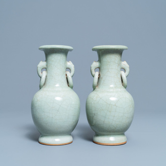 A pair of Chinese monochrome celadon crackle-glazed vases, 19th C.