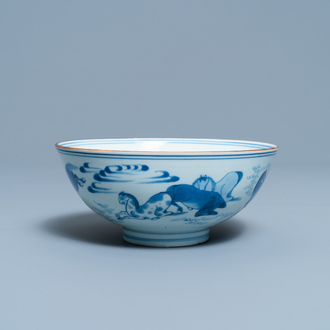 Een Chinese blauw-witte kom met de 'Acht paarden van Mu Wang', Jiajing merk, Kangxi