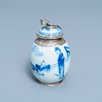 A Chinese blue and white tea caddy with Dutch silver mounts, Kangxi