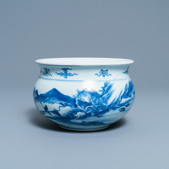 Een Chinese blauw-witte wierookbrander met een bergachtig landschap, Kangxi