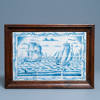 Een blauw-wit Delfts tegeltableau met schepen op zee, 18e eeuw