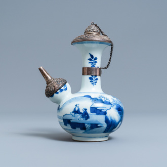 A Chinese silver-mounted blue and white kendi, Kangxi