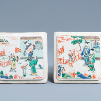 A pair of square Chinese famille verte plaques, Kangxi