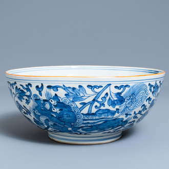 A large Chinese blue and white 'Buddhist lion' bowl, Transitional period