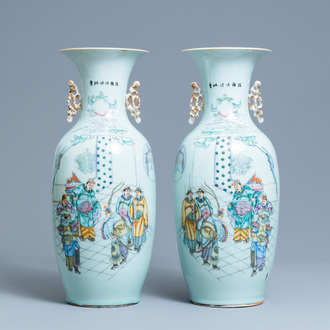 A pair of Chinese famille rose 'court scene' vases, 19/20th C.