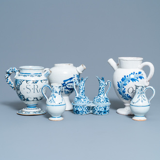 Three blue and white Dutch Delft, Nevers and Rouen wet drug jars and four jugs, 17/18th C.