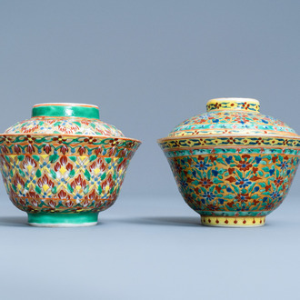 Deux bols couverts en porcelaine de Chine Bencharong pour le marché thai, Chine, 19ème