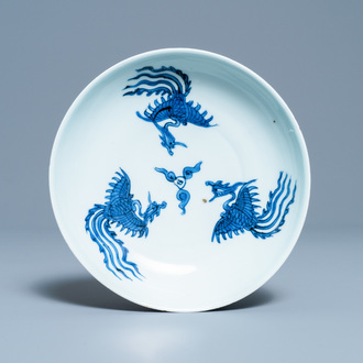 A Chinese blue and white 'Three phoenixes' dish, Longqing