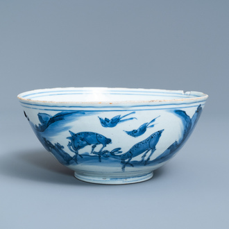 A Chinese blue and white 'deer' bowl, Chenghua mark, Ming