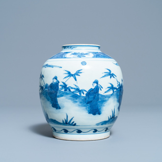 Un pot en porcelaine de Chine en bleu et blanc à décor de figures dans un paysage, Wanli