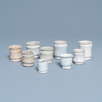 Nine white Dutch Delftware albarello-type ointment jars, 17/18th C.