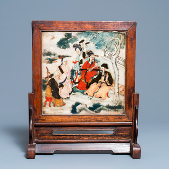 A Chinese wooden table screen with painted marble plaque, 19th C.