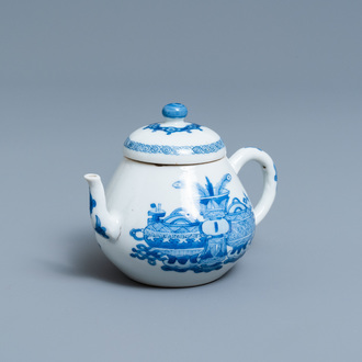 A Chinese blue and white teapot and cover with antiquities, Jiajing mark, Kangxi