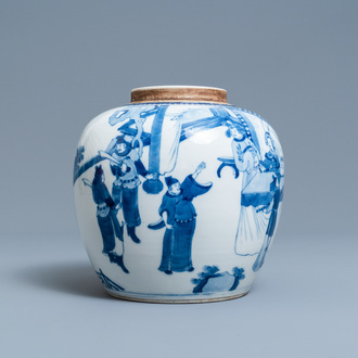 Een Chinese blauw-witte pot met figuratief decor, 19e eeuw