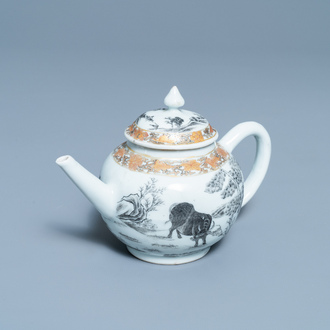 A Chinese grisaille and gilt 'buffalo' teapot and cover, Yongzheng
