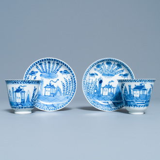 A pair of Chinese blue and white cups and saucers, Kangxi