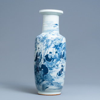 A Chinese blue and white 'Seven Sages of the Bamboo Grove' rouleau vase, 19th C.