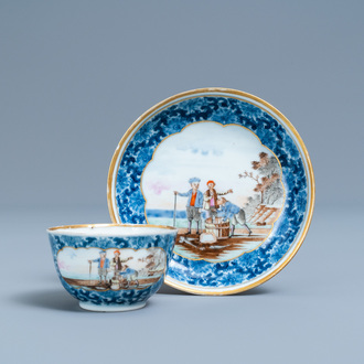 A Chinese export porcelain cup and saucer with a herring merchant, Qianlong