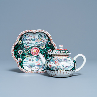 A Chinese famille rose teapot on stand with fishermen in their boats, Yongzheng