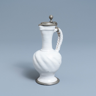 A pewter-mounted white Dutch Delftware jug, 17th C.