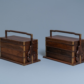 A pair of rectangular Chinese three-tiered hongmu wooden covered boxes, 19th C.
