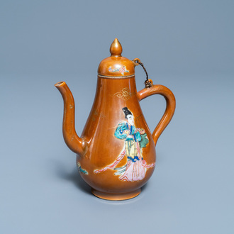 A Chinese famille rose capucin brown-ground ewer and cover, Yongzheng