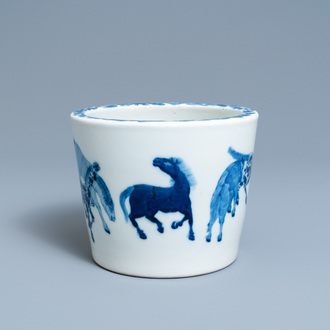 A Chinese blue and white 'Eight horses of Mu Wang' jardinière, Qianlong mark, 19th C.