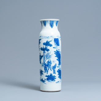 A Chinese blue and white rouleau vase with figures in a landscape, Transitional period